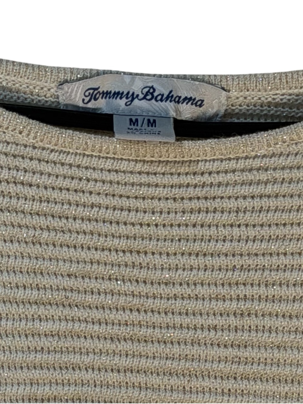 Tommy Bahama Cream Scoop-Neck Ribbed Knit Sweater Metallic Gold Accents - Picture 3 of 8